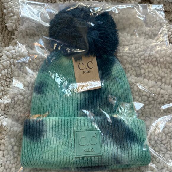 NEW! Kid’s Teal Blue or Yellow Gray Tie Dye Pom Pom Ribbed Beanie (K0082) - Picture 3 of 13